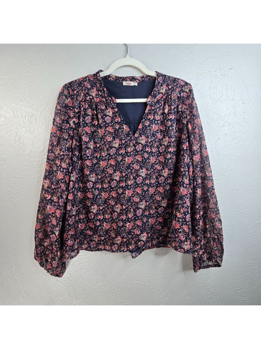 Faherty Long Sleeve Flowy Blouse Top Silk Blend Floral Print V Neck Shirt Small